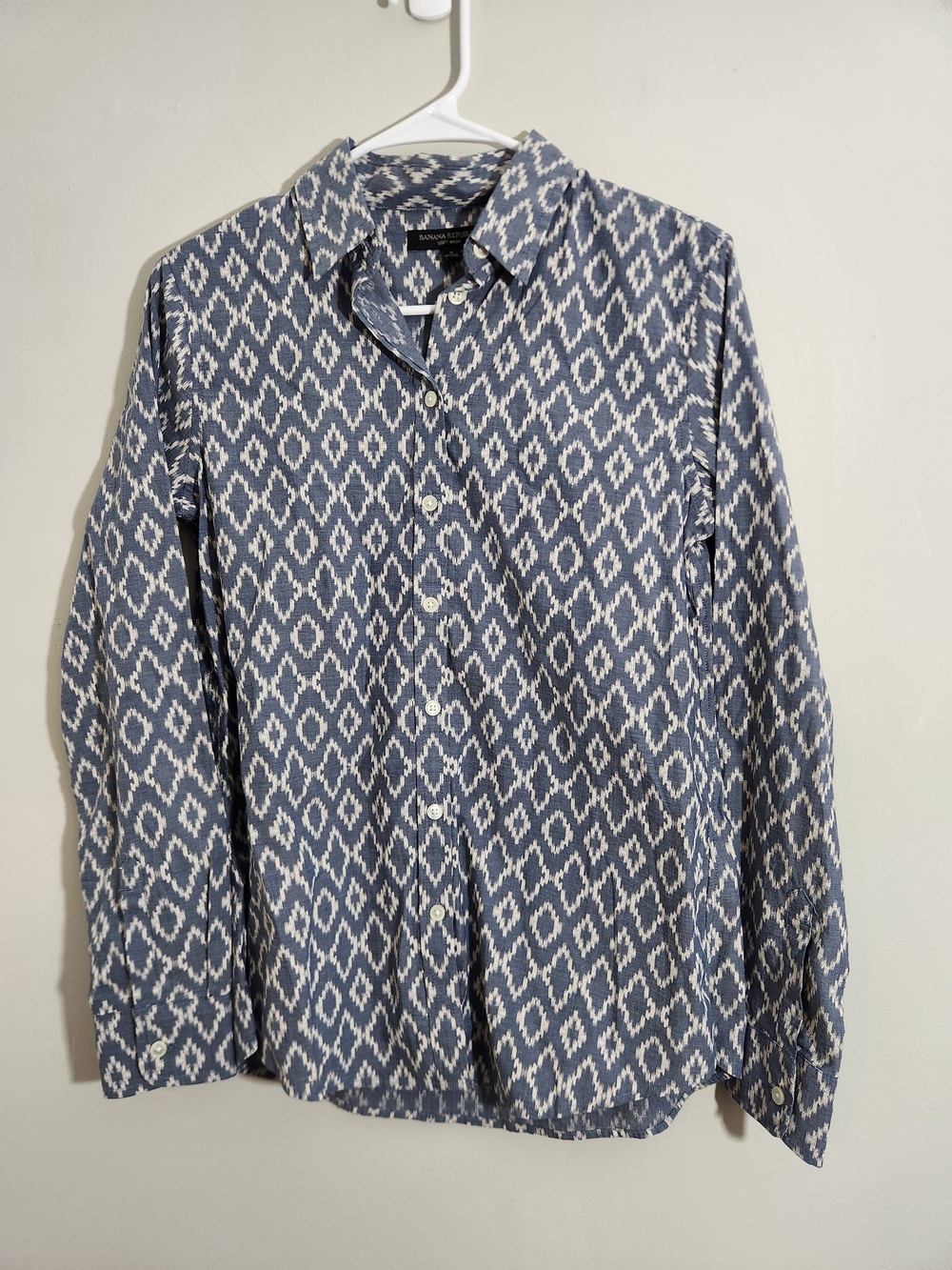 Cotton Blue Southwestern Diamond Print Button Down Up Shirt Business Casual